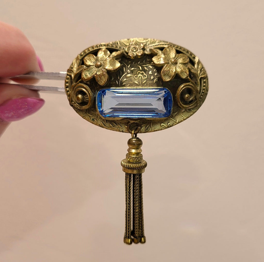 Antique Edwardian Blue Brooch with Tassel