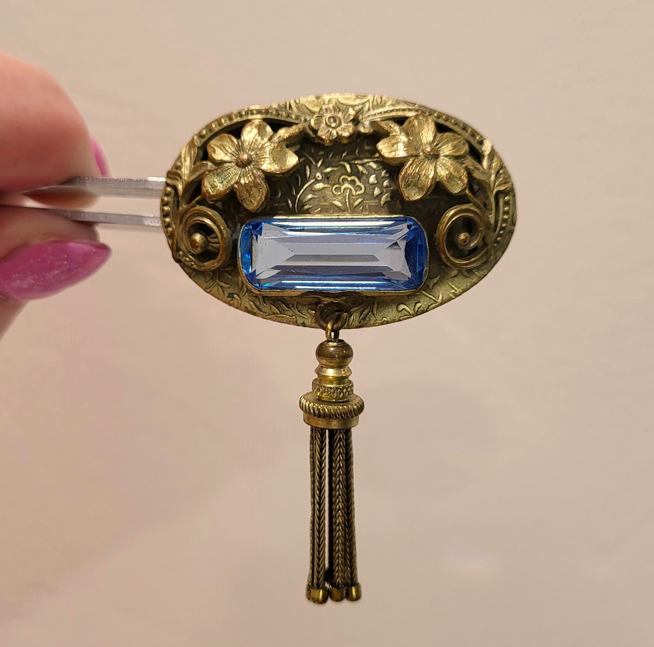 Antique Edwardian Blue Brooch with Tassel