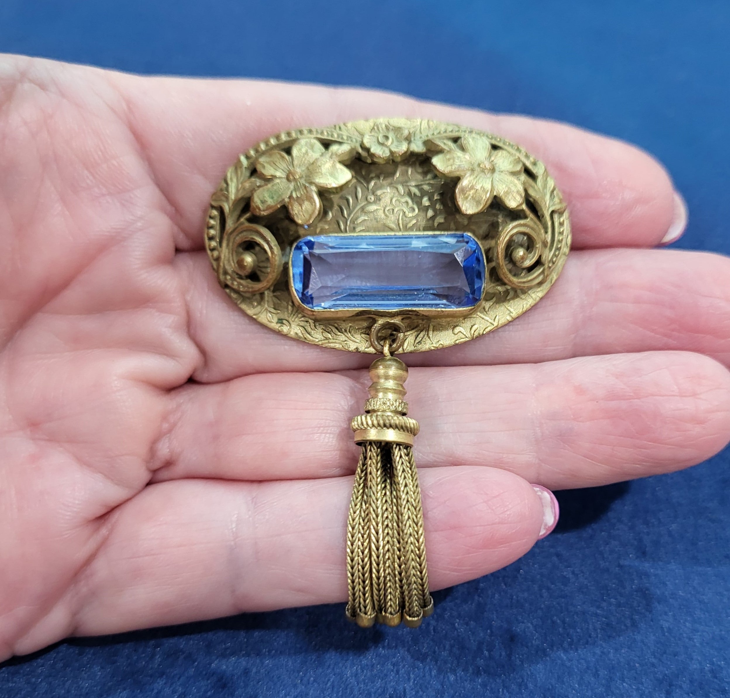 Antique Edwardian Blue Brooch with Tassel